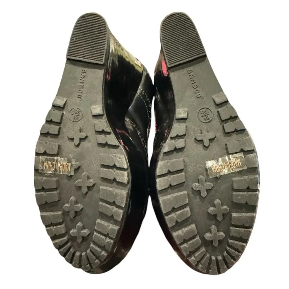 BAMBOO Booth Black Brogue Platform Wedge Oxfords 38.5  8.5